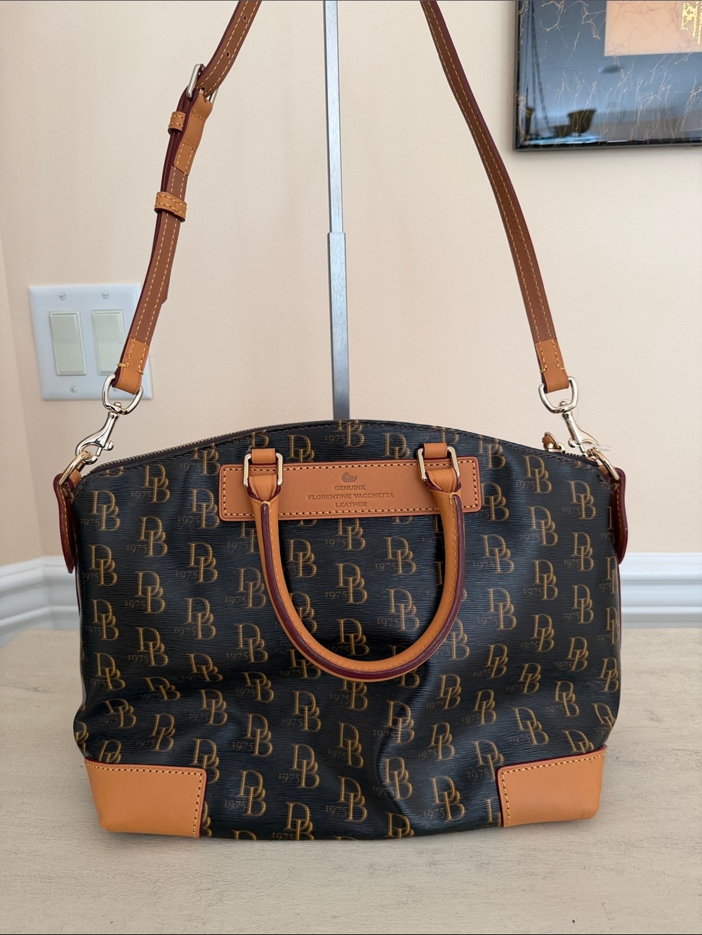 Dooney Bourke Brown Monogram Satchel with Tan Trim